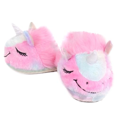 CoolChange Kuschlige Plüsch Einhorn Hausschuhe mit Glitzerhorn | Regenbogen Einhorn Pantoffel | Plüsch Slipper von CoolChange