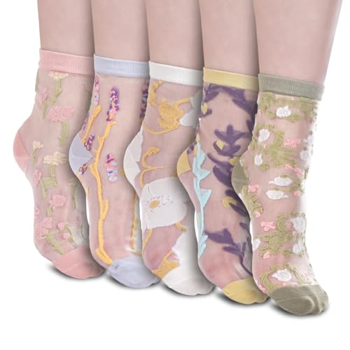 CoolChange Transparente Damen Socken mit Blumen & Pflanzen | glänzende Damen Strümpfe | 5 Paar von CoolChange