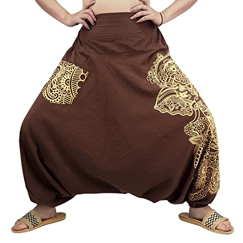 CoolChange Weite Aladinhose | Haremshose mit Tasche | Pluderhose mit indischem Muster | Pumphose mit breitem Bund | Unisex | Braun | Baumwolle | Größe: S/M von CoolChange