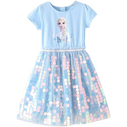 CoolCrafts ELSA Kleider Glanz Sommer-Kleid Kurzarm Frozen Eiskönigin Prinzessin Eisprinzessin Kostüm Mädchen Kinder (as3, Numeric, Numeric_Height_90, Numeric_Height_150, Blau, 120) von CoolCrafts