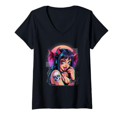 Damen Anime Dämonenmädchen mit Hörnern und Totenkopf Tattoo im Glitch Style T-Shirt mit V-Ausschnitt von CoolCritterCo