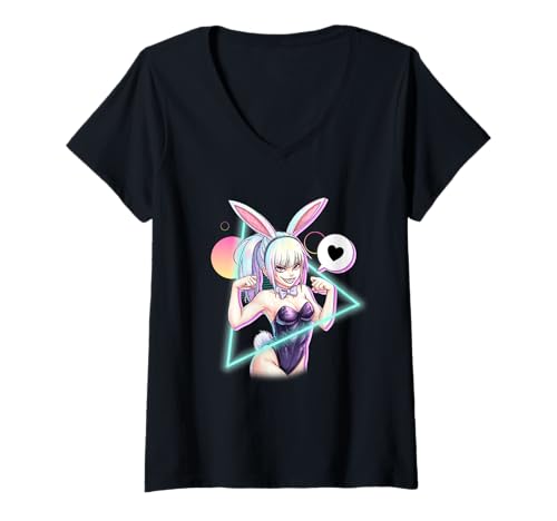 Damen Bunny Anime Girl Flexing Muscles lustiges Japanisches T-Shirt mit V-Ausschnitt von CoolCritterCo