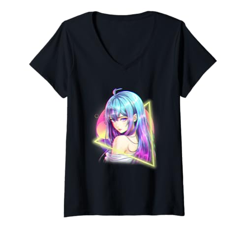 Damen Japanisches Anime-Mädchen mit fließendem Haar und Synthwave-Sonnenuntergang T-Shirt mit V-Ausschnitt von CoolCritterCo