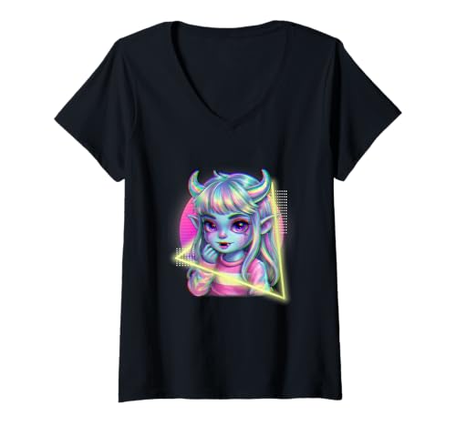 Damen Retro Anime Girl mit fließenden Haaren Kawaii Manga Liebhaber T-Shirt mit V-Ausschnitt von CoolCritterCo