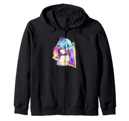 Japanisches Anime-Mädchen mit fließendem Haar und Synthwave-Sonnenuntergang Kapuzenjacke von CoolCritterCo