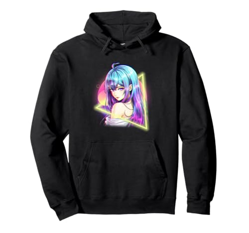 Japanisches Anime-Mädchen mit fließendem Haar und Synthwave-Sonnenuntergang Pullover Hoodie von CoolCritterCo