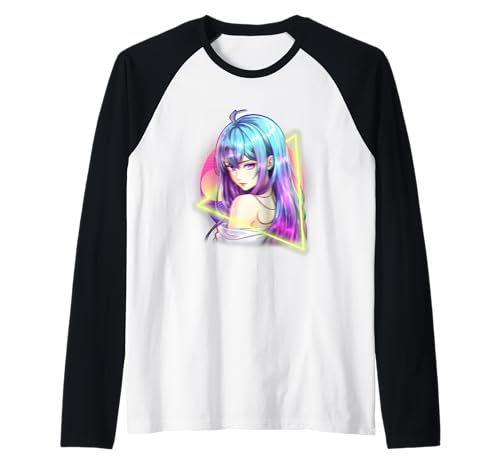 Japanisches Anime-Mädchen mit fließendem Haar und Synthwave-Sonnenuntergang Raglan von CoolCritterCo