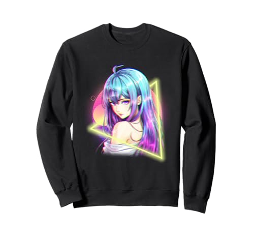 Japanisches Anime-Mädchen mit fließendem Haar und Synthwave-Sonnenuntergang Sweatshirt von CoolCritterCo