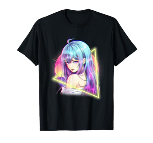 Japanisches Anime-Mädchen mit fließendem Haar und Synthwave-Sonnenuntergang T-Shirt von CoolCritterCo