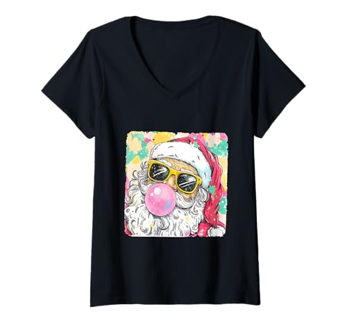 Damen Adretter Weihnachtsmann mit Sonnenbrille und Kaugummi-Design lustig T-Shirt mit V-Ausschnitt von CoolHolidayTees
