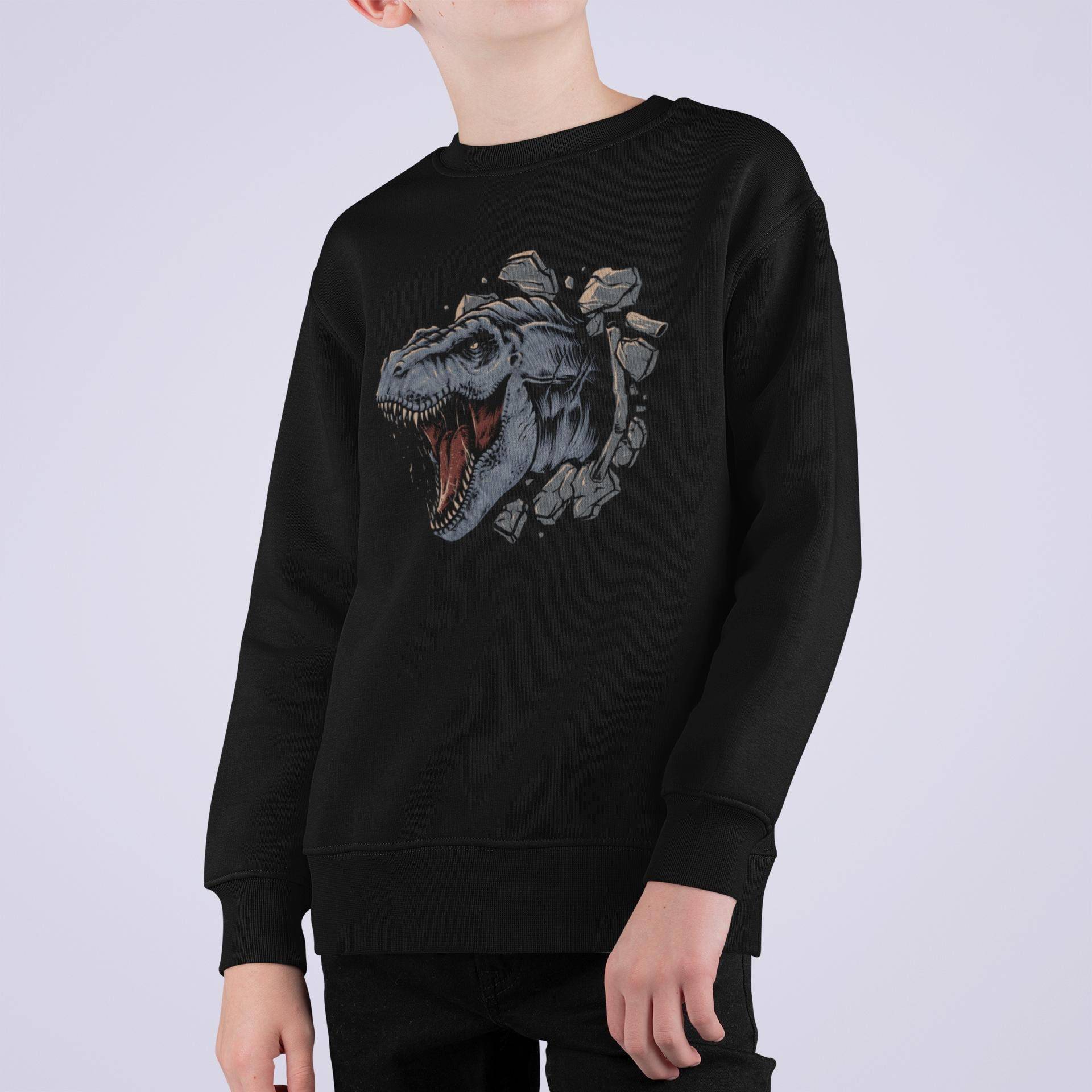Cartoon Dino T-Rex Kopf Bricht Durch Wand Kinder Pullover Sweatshirt Bio Baumwolle Hochwertig Langlebig - Mini Changer 2 St/St Sh von CoolKidsBeWild