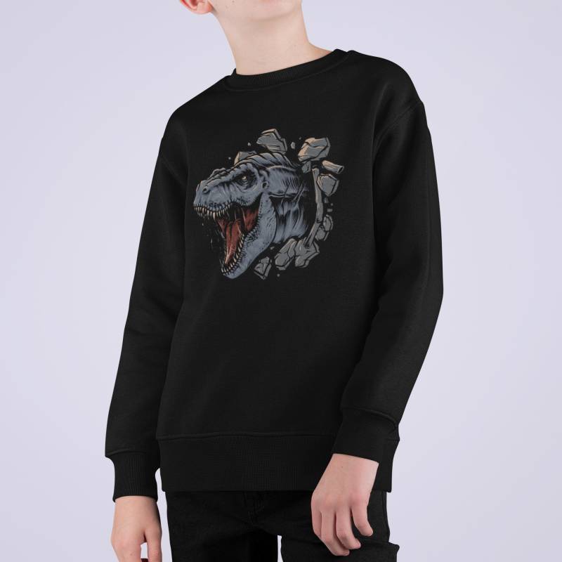 Cartoon Dino T-Rex Kopf Bricht Durch Wand Kinder Pullover Sweatshirt Bio Baumwolle Hochwertig Langlebig - Mini Changer 2 St/St Sh von CoolKidsBeWild