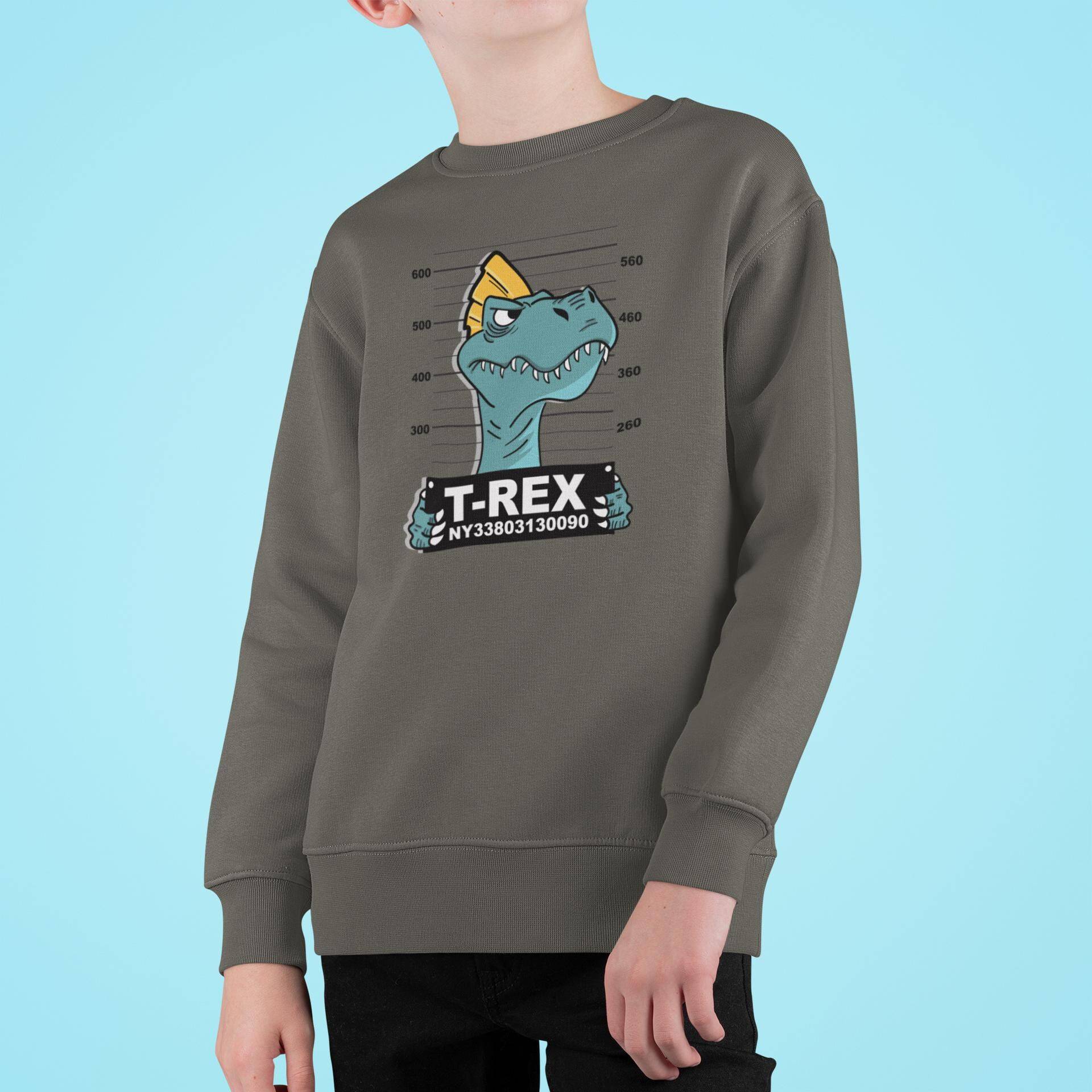 Cartoon Dino T-Rex Verbrecherfoto Kinder Pullover Sweatshirt Bio Baumwolle Hochwertig Langlebig - Mini Changer 2.0 St/St Sh von CoolKidsBeWild