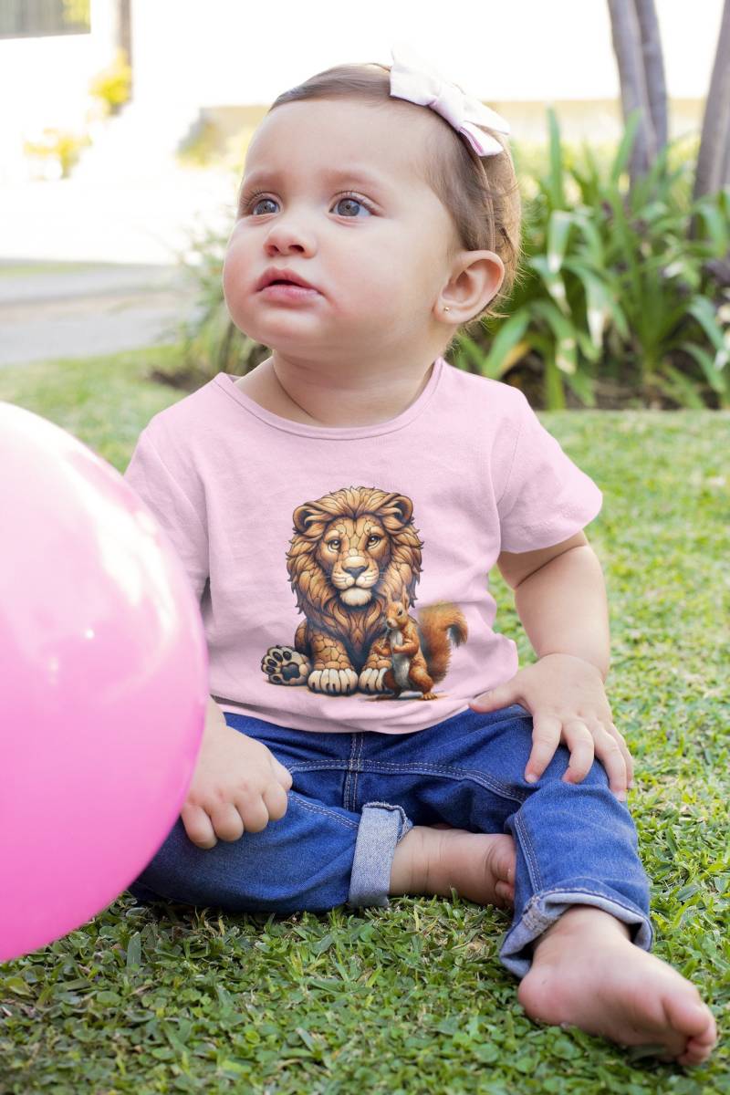 Cartoon Löwe Mit Eichhörnchen - Baby T-Shirt Kurzarm-Shirt Bio Baumwolle Hochwertig Creator Kleinkinder Sk von CoolKidsBeWild