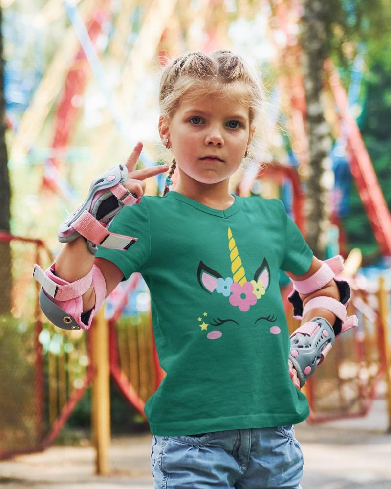 Einhorn Flower Unicorn Face - Kinder T-Shirt Kurzarm-Shirt Bio Baumwolle Hochwertig Langlebig Kids von CoolKidsBeWild