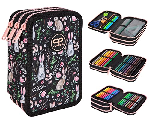 CoolPack XXL Federtasche, federmäppchen Junge, Federmappe Federmäppchen groß 44-teilig mit Aufnäher gefüllte Schüleretui 3-stöckig Motiv: RABBITLAND, HASE, Schwarz, E67529 von CoolPack