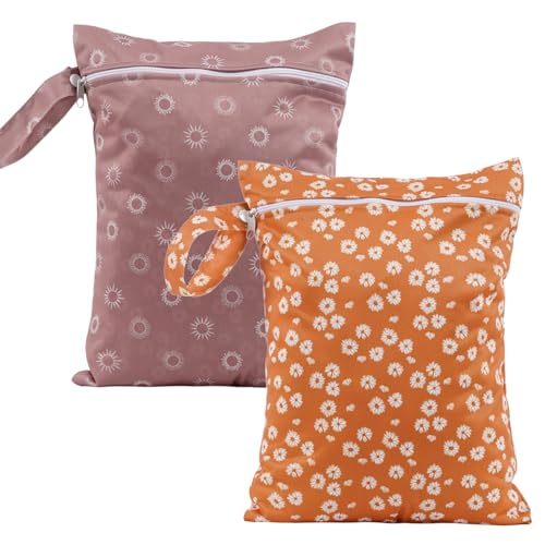 CoolaPeach 2 x nasse und trockene Babybeutel für Stoffwindeln, wasserdicht, wiederverwendbar, Reisetasche, Strand, Pool, Turnbeutel für Badeanzüge, Strandurlaub, Essentials (weiße Blume, Sonne) von CoolaPeach