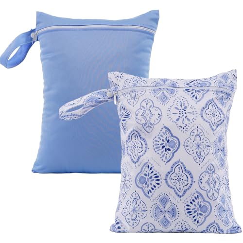 CoolaPeach 2 x nasse und trockene Babybeutel für Stoffwindeln, wasserdicht, wiederverwendbar, Reisetasche, Strand, Pool, Turnbeutel für Badeanzüge, Strandurlaub (einfarbiges Muster) von CoolaPeach