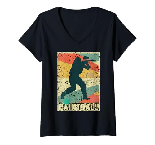 Damen Retro Paintball Spieler Vintage Farbklecks Spiel T-Shirt mit V-Ausschnitt Damen Retro Paintball Spieler Vintage Farbklecks Spiel T-Shirt mit V-Ausschnitt von Coole Actionkampf Hobby Ausrüstung Fans
