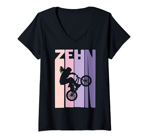 Damen 10. Geburtstag Mädchen Kinder BMX Fahrrad Fan Retro Motiv T-Shirt mit V-Ausschnitt von Coole BMX Geburtstag Fahrrad Mädchen Designs