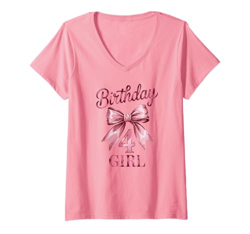Damen Geburtstagsmädchen 4 mit pinkem Schleifendekor Coquette T-Shirt mit V-Ausschnitt Damen Geburtstagsmädchen 4 mit pinkem Schleifendekor Coquette T-Shirt mit V-Ausschnitt von Coole Coquette Designs