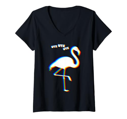 Damen Utz Flamingo Party Hardstyle Tekk Rave Festival Techno T-Shirt mit V-Ausschnitt von Coole Festival Party Techno Outfits Männer Frauen