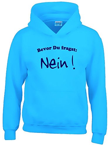 Coole-Fun-T-Shirts Bevor DU FRAGST - Nein ! Kinder Sweatshirt mit Kapuze Hoodie Sky-Navy, Gr.128cm von Coole-Fun-T-Shirts