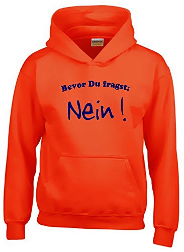 Bevor DU FRAGST - Nein ! Kinder Sweatshirt mit Kapuze Hoodie orange-Navy, Gr.140cm von Coole-Fun-T-Shirts