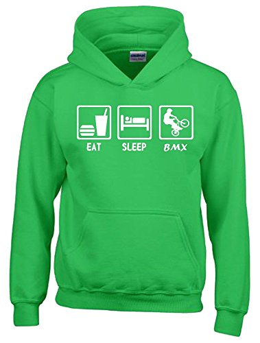 Coole-Fun-T-Shirts EAT Sleep BMX Kinder Sweatshirt mit Kapuze Hoodie Green-Weiss, Gr.152cm von Coole-Fun-T-Shirts