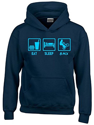 Coole-Fun-T-Shirts EAT Sleep BMX Kinder Sweatshirt mit Kapuze Hoodie Navy-Sky, Gr.140cm von Coole-Fun-T-Shirts