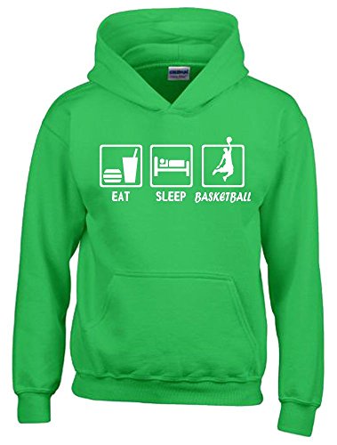 Coole-Fun-T-Shirts EAT Sleep Basketball Kinder Sweatshirt mit Kapuze Hoodie Green-Weiss, Gr.152cm von Coole-Fun-T-Shirts