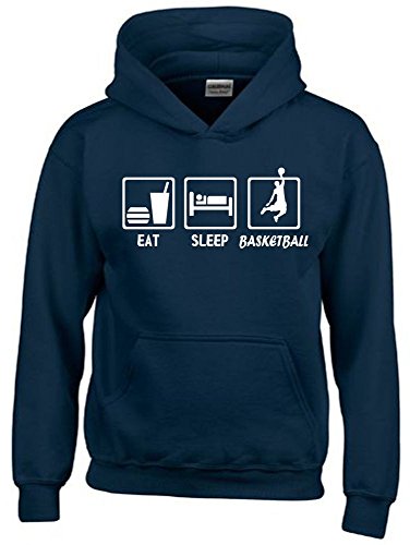 Coole-Fun-T-Shirts EAT Sleep Basketball Kinder Sweatshirt mit Kapuze Hoodie Navy-Weiss, Gr.152cm von Coole-Fun-T-Shirts