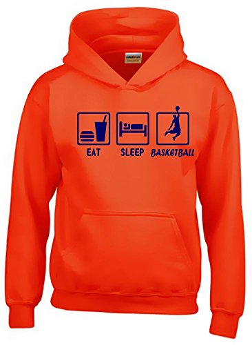 Coole-Fun-T-Shirts EAT Sleep Basketball Kinder Sweatshirt mit Kapuze Hoodie orange-Navy, Gr.128cm von Coole-Fun-T-Shirts