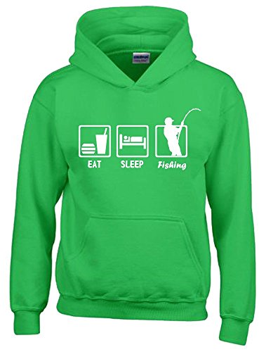 EAT Sleep Fishing Kinder Sweatshirt mit Kapuze Hoodie Green-Weiss, Gr.140cm von Coole-Fun-T-Shirts