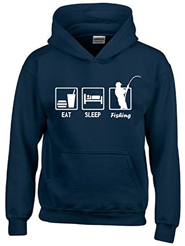 Coole-Fun-T-Shirts EAT Sleep Fishing Kinder Sweatshirt mit Kapuze Hoodie Navy-Weiss, Gr.152cm von Coole-Fun-T-Shirts