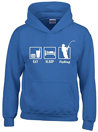 Coole-Fun-T-Shirts EAT Sleep Fishing Kinder Sweatshirt mit Kapuze Hoodie blau-Weiss, Gr.152cm von Coole-Fun-T-Shirts