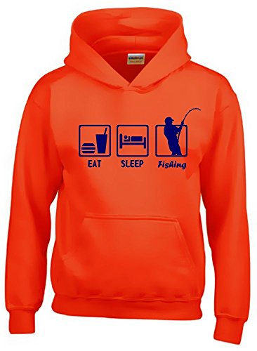 Coole-Fun-T-Shirts EAT Sleep Fishing Kinder Sweatshirt mit Kapuze Hoodie orange-Navy, Gr.164cm von Coole-Fun-T-Shirts