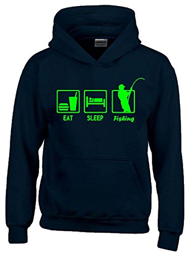 EAT Sleep Fishing Kinder Sweatshirt mit Kapuze Hoodie schwarz-Green, Gr.128cm von Coole-Fun-T-Shirts