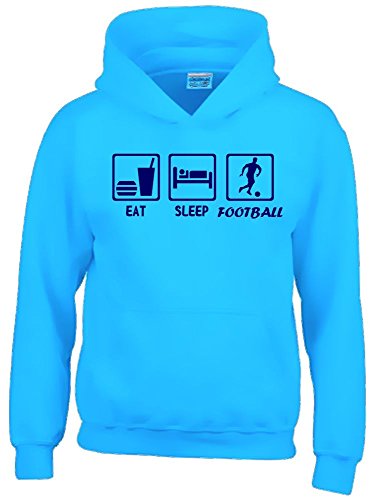 Coole-Fun-T-Shirts EAT Sleep Fussball Kinder Sweatshirt mit Kapuze Hoodie Sky-Navy, Gr.140cm von Coole-Fun-T-Shirts