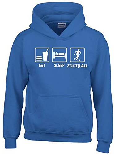 Coole-Fun-T-Shirts EAT Sleep Fussball Kinder Sweatshirt mit Kapuze Hoodie blau-Weiss, Gr.140cm von Coole-Fun-T-Shirts