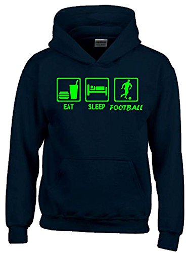 Coole-Fun-T-Shirts EAT Sleep Fussball Kinder Sweatshirt mit Kapuze Hoodie schwarz-Green, Gr.140cm von Coole-Fun-T-Shirts