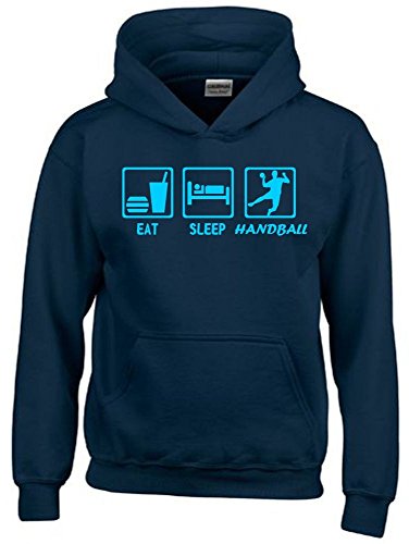 Coole-Fun-T-Shirts EAT Sleep Handball Kinder Sweatshirt mit Kapuze Hoodie Navy-Sky, Gr.164cm von Coole-Fun-T-Shirts