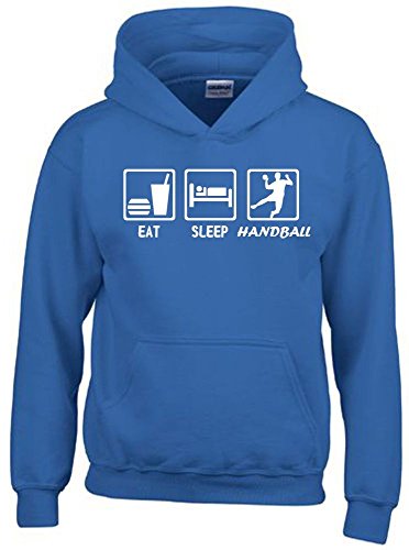 Coole-Fun-T-Shirts EAT Sleep Handball Kinder Sweatshirt mit Kapuze Hoodie blau-Weiss, Gr.140cm von Coole-Fun-T-Shirts