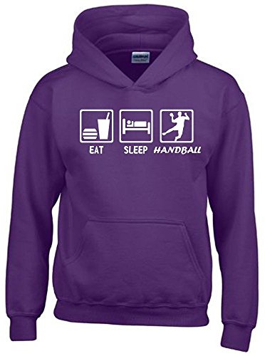 EAT Sleep Handball Kinder Sweatshirt mit Kapuze Hoodie lila-Weiss, Gr.140cm von Coole-Fun-T-Shirts