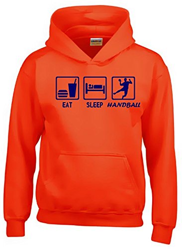 Coole-Fun-T-Shirts EAT Sleep Handball Kinder Sweatshirt mit Kapuze Hoodie orange-Navy, Gr.164cm von Coole-Fun-T-Shirts