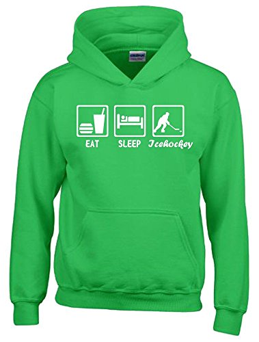 Coole-Fun-T-Shirts EAT Sleep Icehockey Kinder Sweatshirt mit Kapuze Hoodie Green-Weiss, Gr.140cm von Coole-Fun-T-Shirts