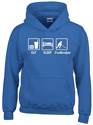 Coole-Fun-T-Shirts EAT Sleep Icehockey Kinder Sweatshirt mit Kapuze Hoodie blau-Weiss, Gr.128cm von Coole-Fun-T-Shirts