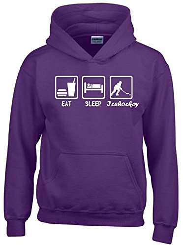 Coole-Fun-T-Shirts EAT Sleep Icehockey Kinder Sweatshirt mit Kapuze Hoodie lila-Weiss, Gr.152cm von Coole-Fun-T-Shirts