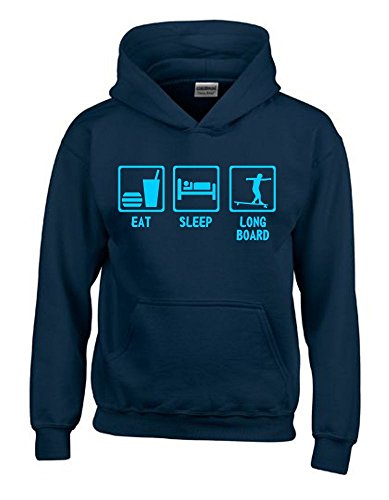 Coole-Fun-T-Shirts EAT Sleep Longboard Kinder Sweatshirt mit Kapuze Hoodie Navy-Sky, Gr.152cm von Coole-Fun-T-Shirts