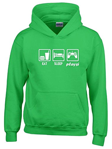 EAT Sleep PLAYSI Kinder Sweatshirt mit Kapuze Hoodie Green-Weiss, Gr.164cm von Coole-Fun-T-Shirts